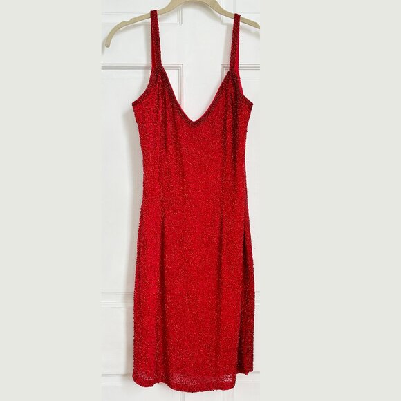 Red Beaded Vintage Dress Sequin Glitter Holiday Mini Sleeveless Short Silk 6 8 M - Picture 1 of 8